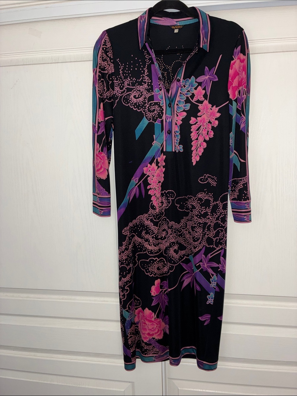 Ray Kang- Art deco Floral Collared Midi Dress with Pink & Purple Blooms
